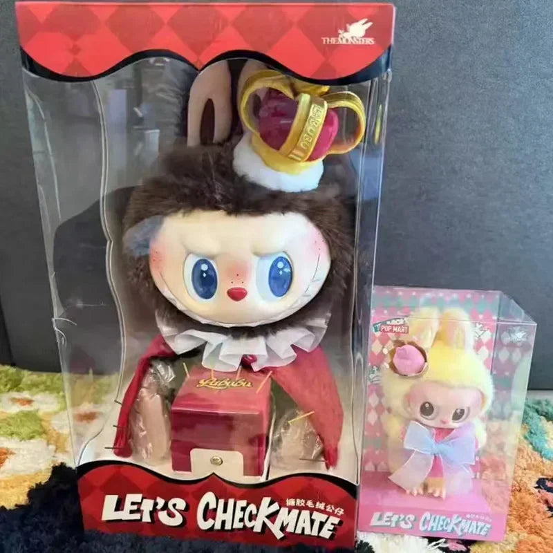 Toy figure in packaging with 'Let's Checkmate' branding on a textured surface.